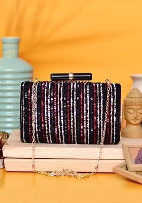 Black Satin Black And Pink Embellished Embellished Box Clutch