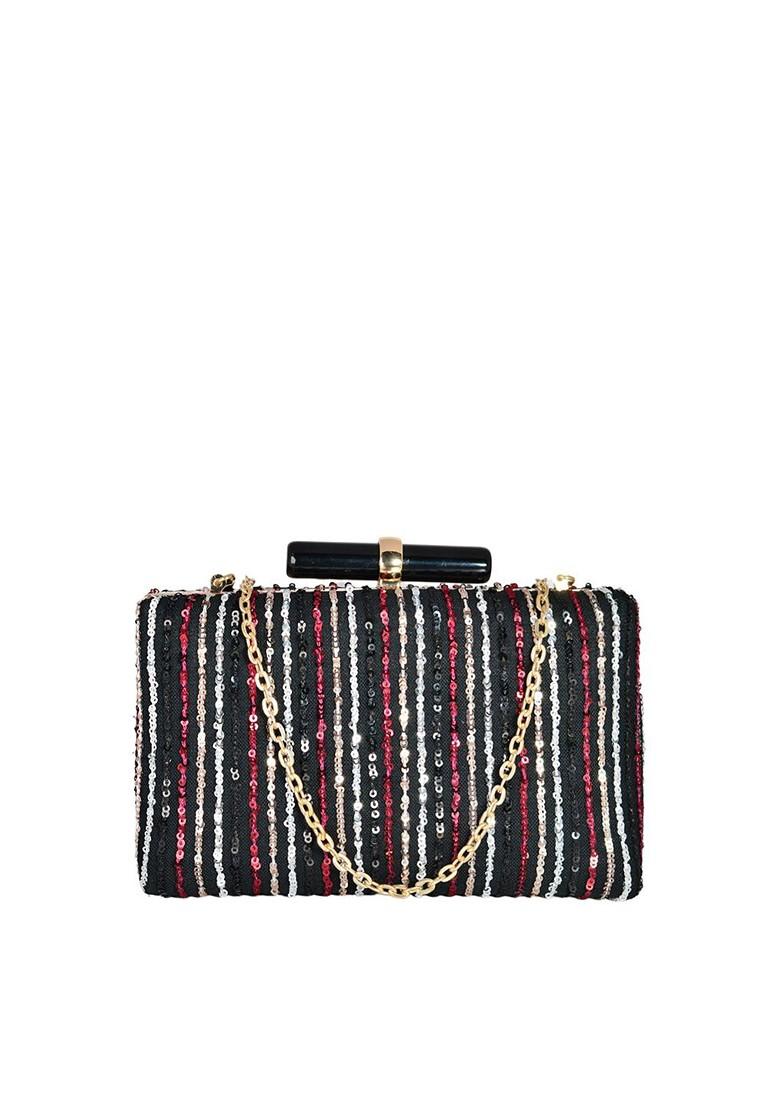Black Satin Black And Pink Embellished Embellished Box Clutch - Indya