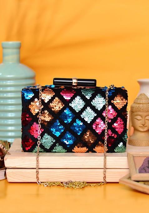 Black Satin Black And Blue Embroidered Box Clutch