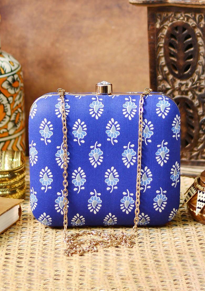 Blue Fabric Blue And White Printed Box Clutch - Indya