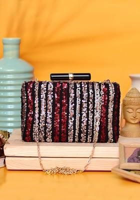 Red Satin Red And Gold Toned Embellished Box Clutch