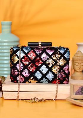 Black Satin Black And Blue Embellished Box Clutch