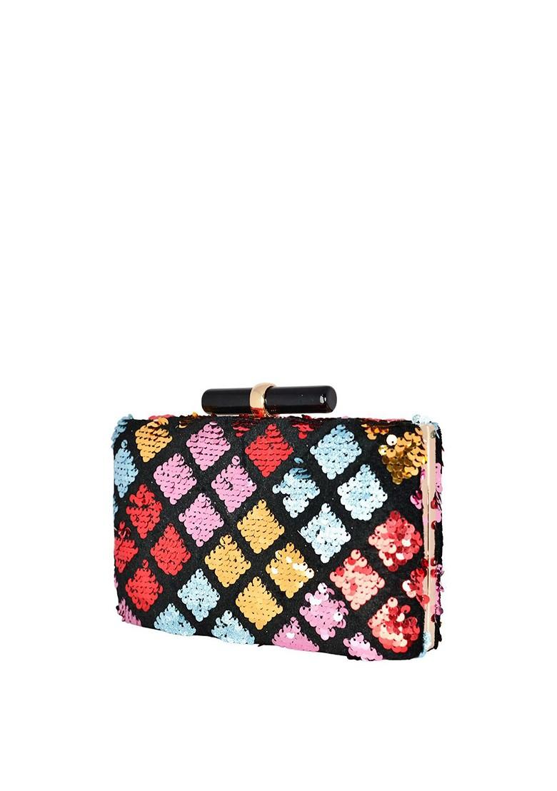 Black Satin Black And Blue Embellished Box Clutch - Indya