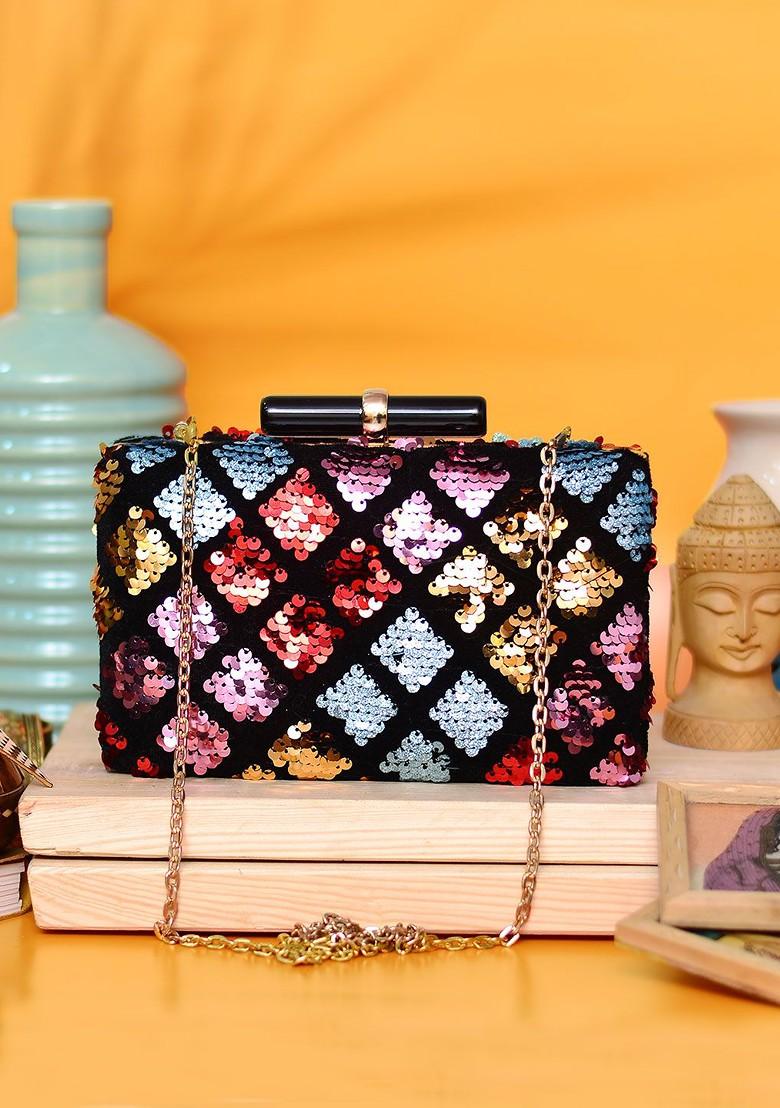 Black Satin Black And Blue Embellished Box Clutch - Indya