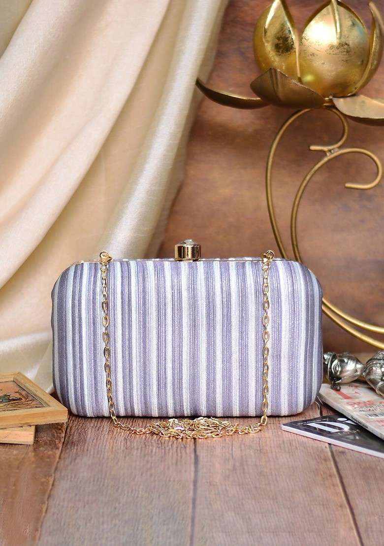 Grey Satin Grey And White Embroidered Box Clutch - Indya