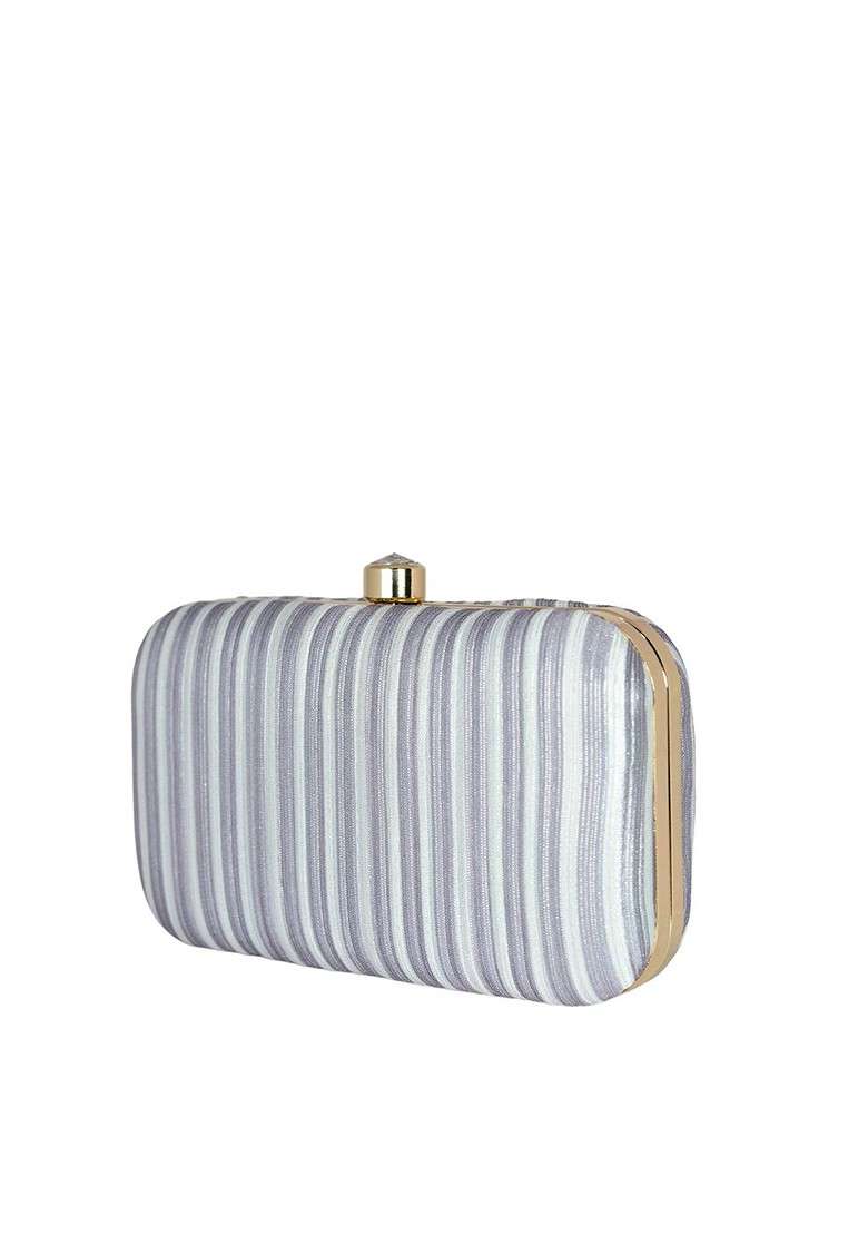 Grey Satin Grey And White Embroidered Box Clutch - Indya