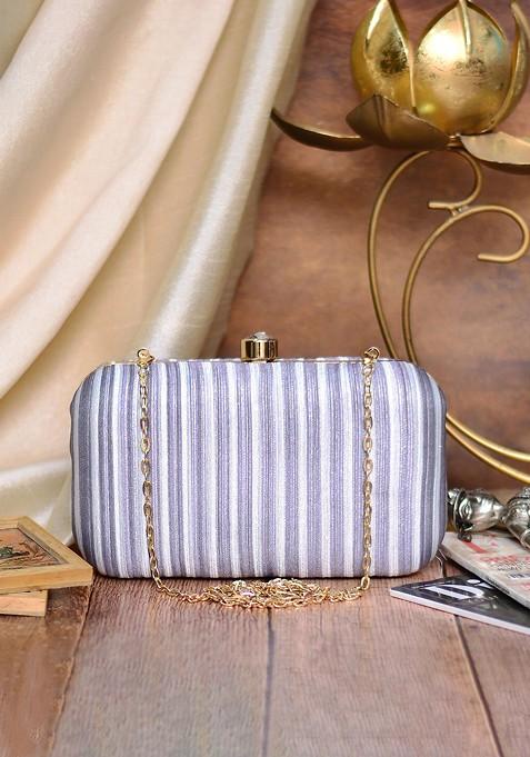 Grey Satin Grey And White Embroidered Box Clutch