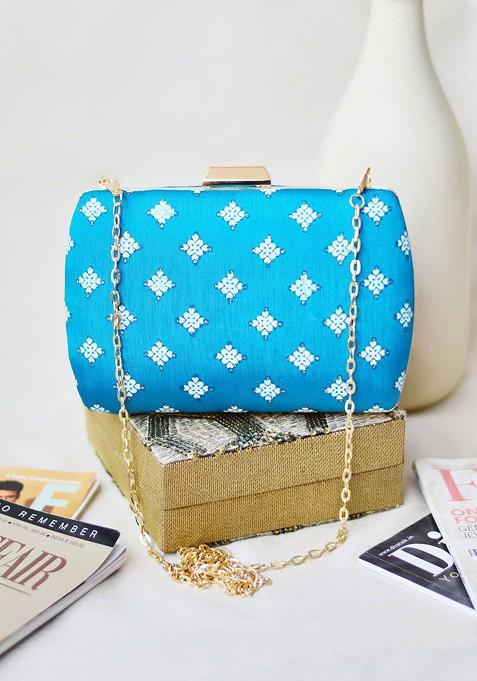 Blue Satin Blue And White Embroidered Box Clutch
