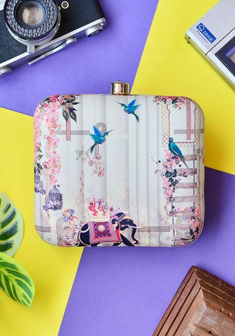 Cream Fabric Cream Coloured And Blue Printed Box Clutch