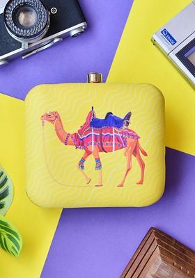 Yellow Fabric Yellow And Blue Printed Box Clutch