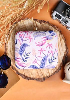 White Fabric White And Pink Printed Box Clutch