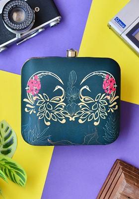 Green Fabric Green And Pink Printed Box Clutch