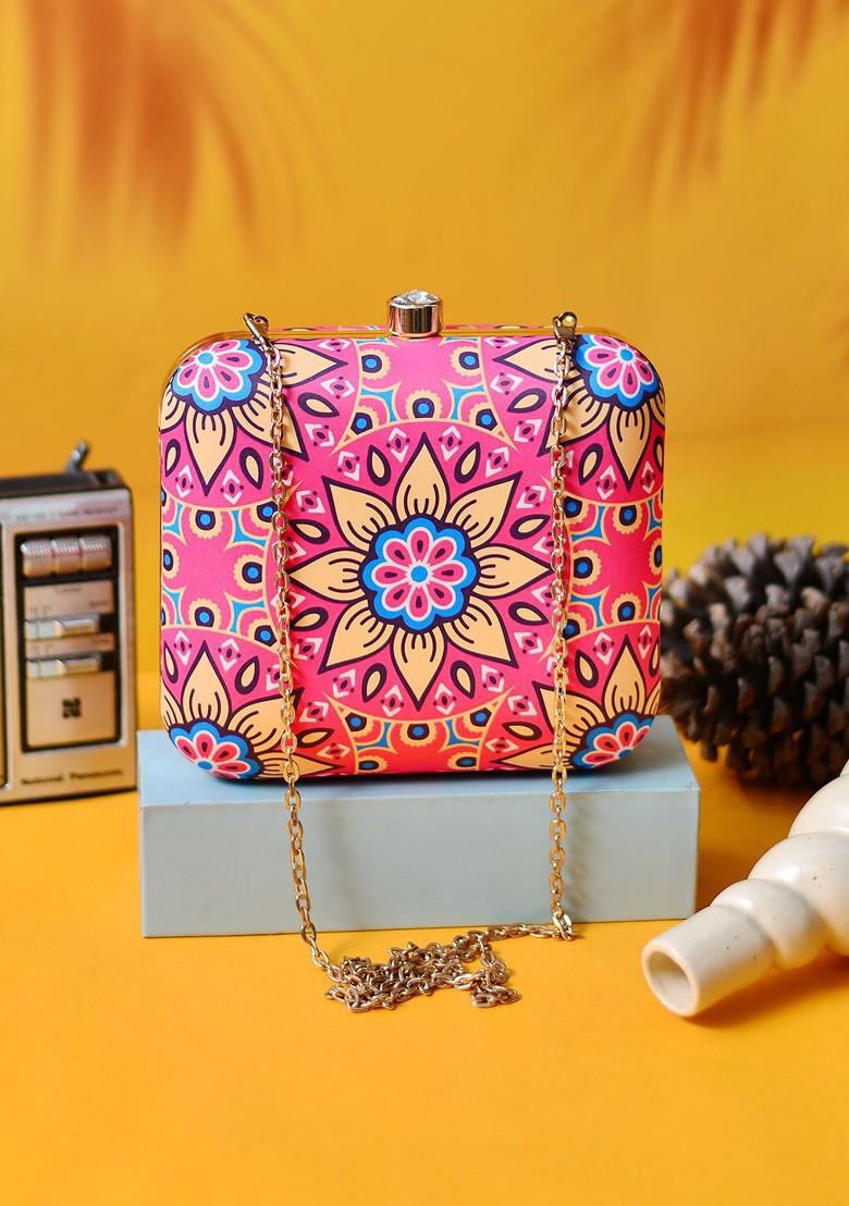 Pink Fabric Pink And Blue Printed Box Clutch