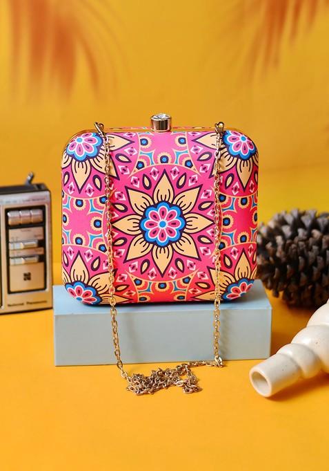 Pink Fabric Pink And Blue Printed Box Clutch