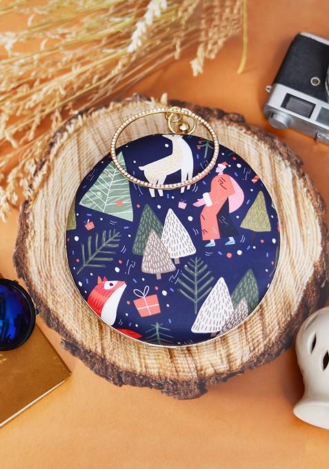 Blue Fabric Blue And Gold Toned Printed Box Clutch