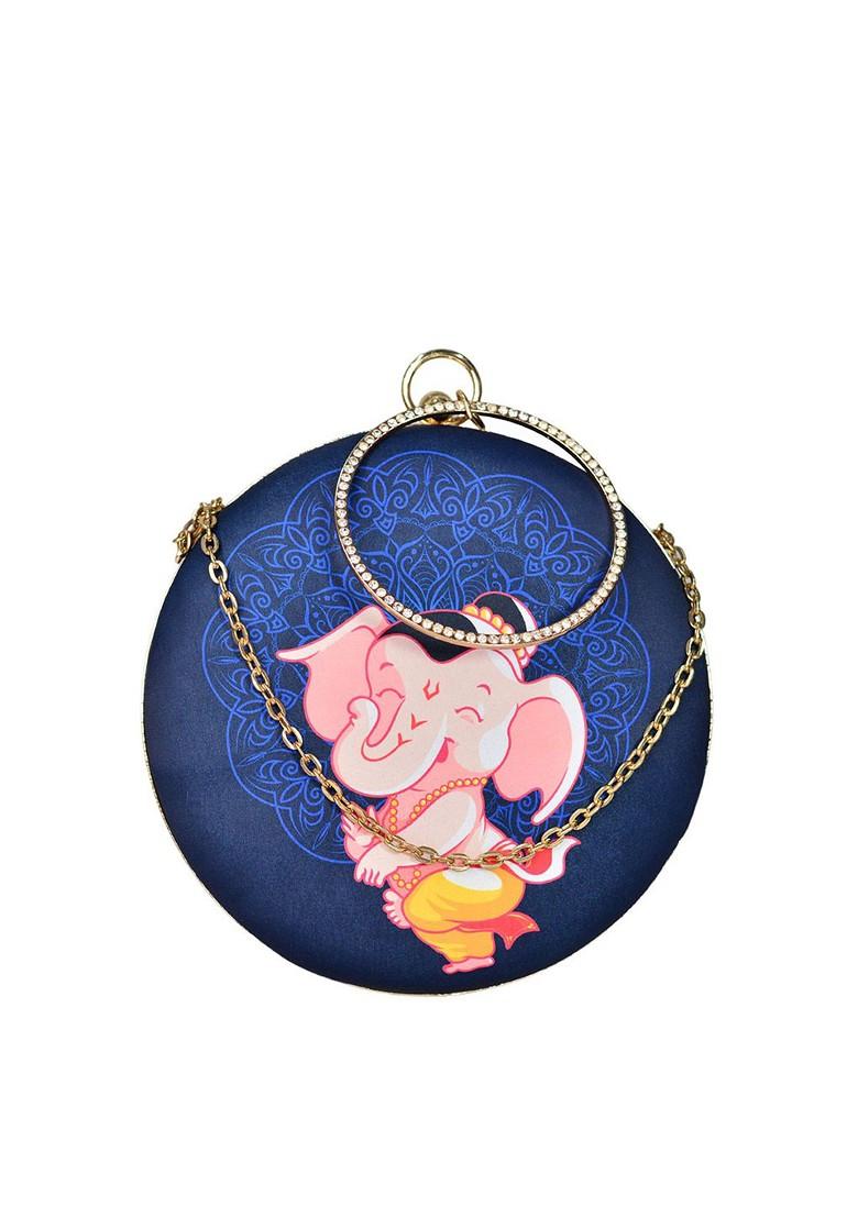 Blue Fabric Blue And White Printed Box Clutch - Indya