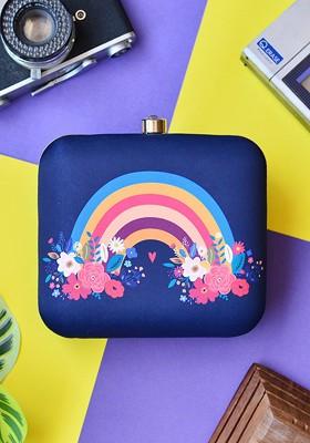 Blue Fabric Blue And Pink Printed Box Clutch