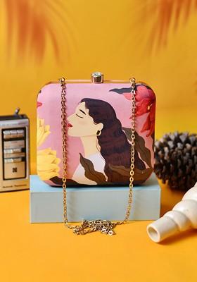Pink Fabric Pink And Olive Green Printed Box Clutch