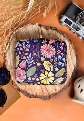 Blue Fabric Women Blue And Yellow Floral Printed Box Clutch
