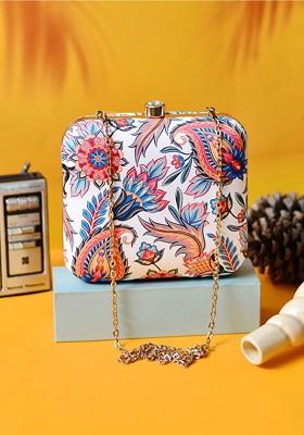 White Fabric Women White And Blue Floral Printed Box Clutch