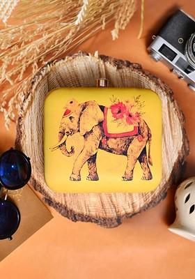 Yellow Fabric Women Yellow And Pink Elephant Printed Box Clutch