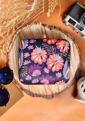 Purple Fabric Women Purple And Pink Floral Printed Box Clutch