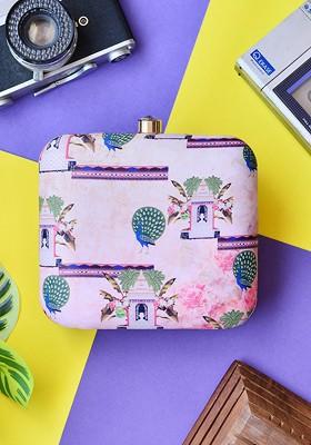 Pink Fabric Women Pink And Green Aesthetic Vibe Giving Peacock Printed Box Clutch