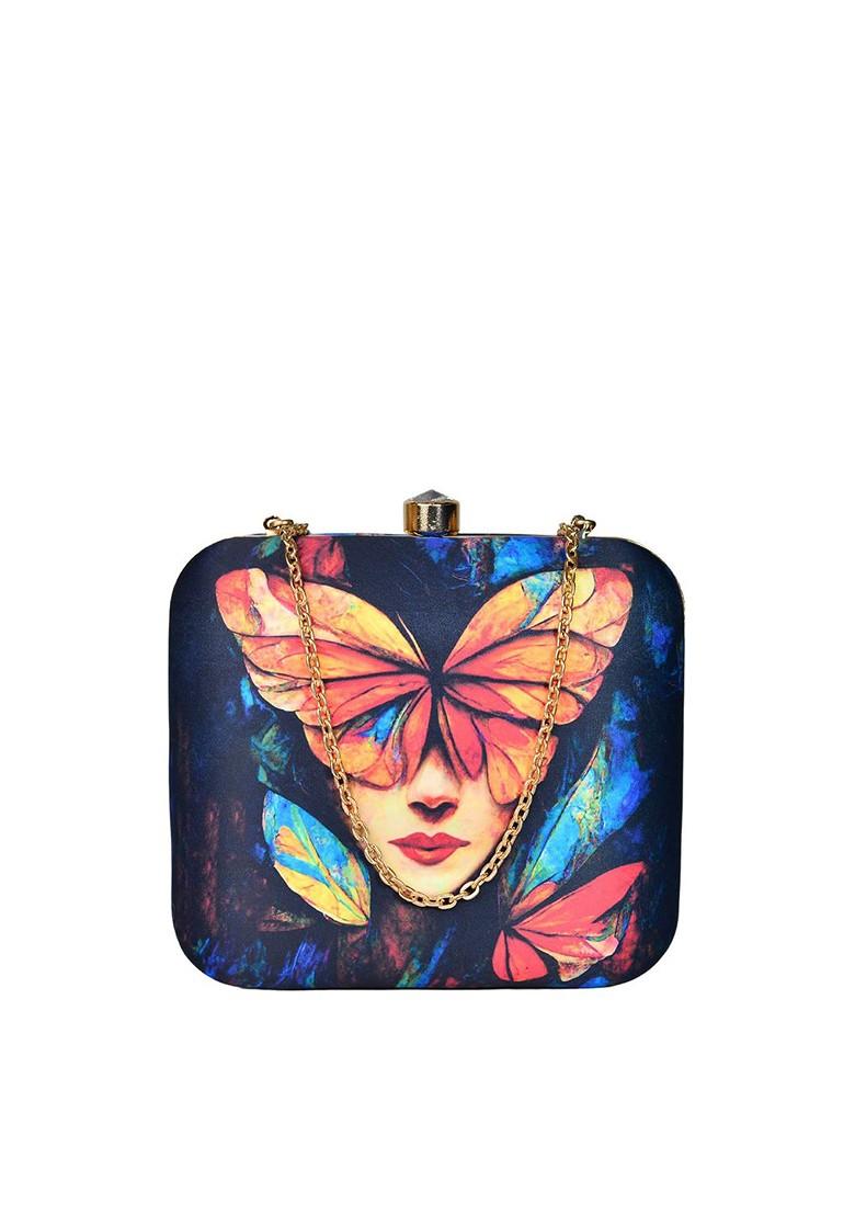 Blue Fabric Women Blue And Red Butterfly Faced Women Printed Box Clutch - Indya