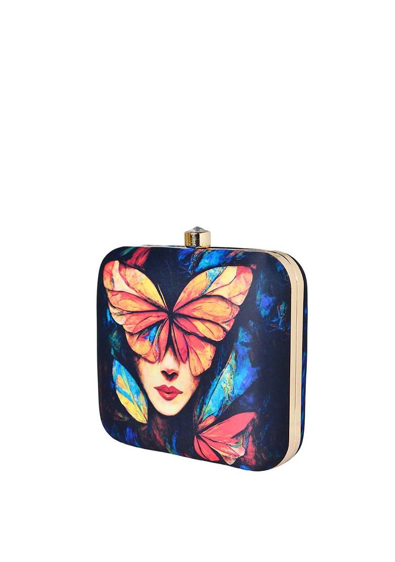 Blue Fabric Women Blue And Red Butterfly Faced Women Printed Box Clutch - Indya