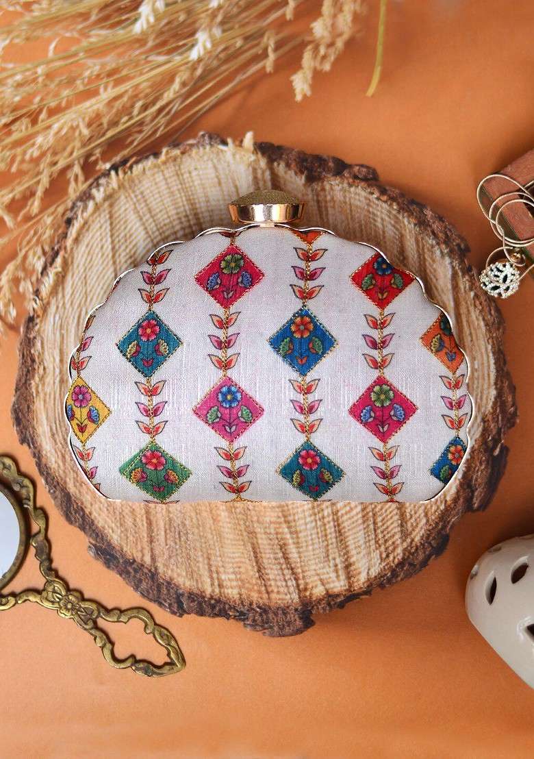 Off White Fabric Off White And Red Printed Embroidered Half Moon Clutch - Indya