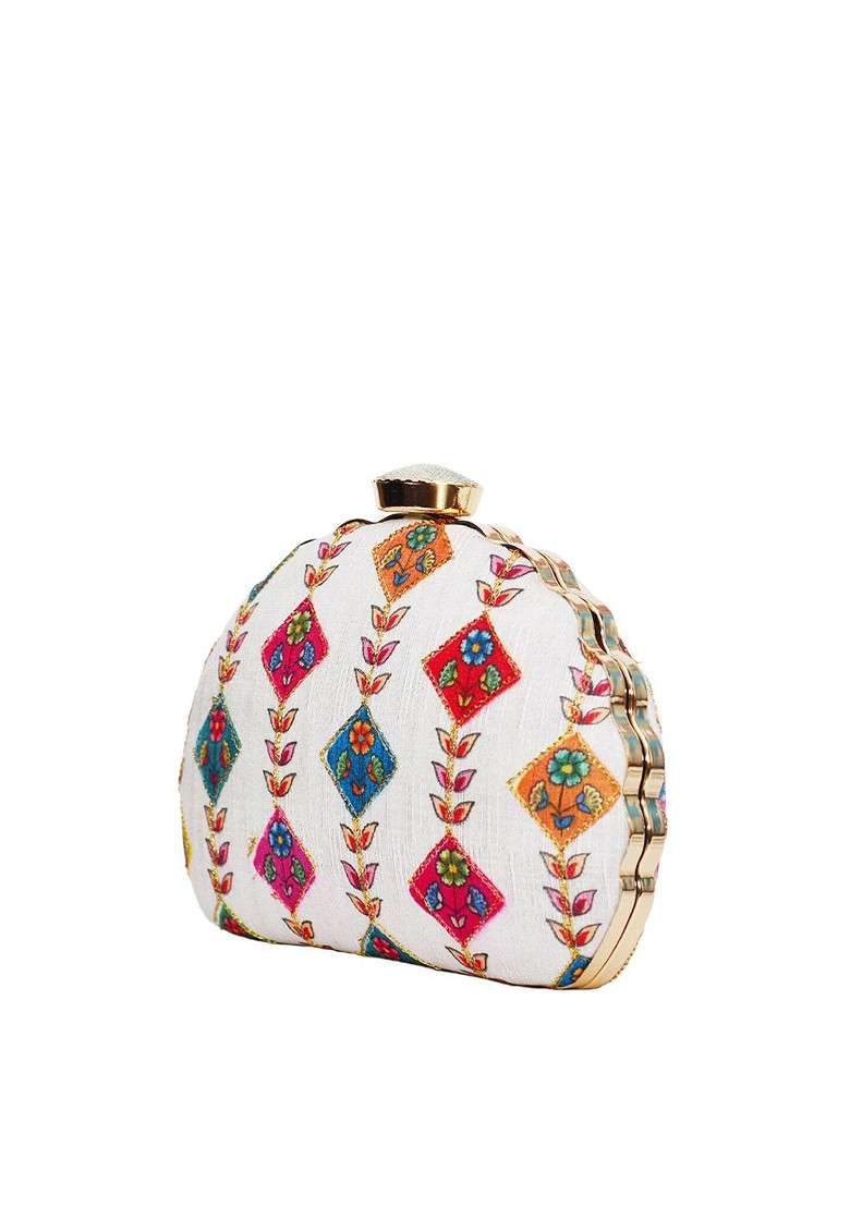 Off White Fabric Off White And Red Printed Embroidered Half Moon Clutch - Indya