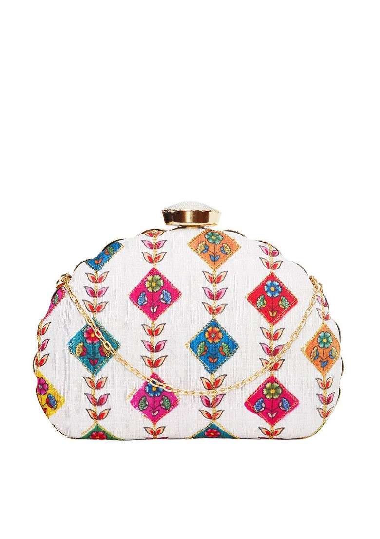 Off White Fabric Off White And Red Printed Embroidered Half Moon Clutch - Indya