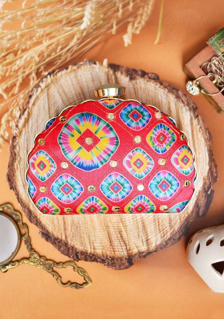 Red Fabric Red And Blue Printed Embroidered Half Moon Clutch - Indya