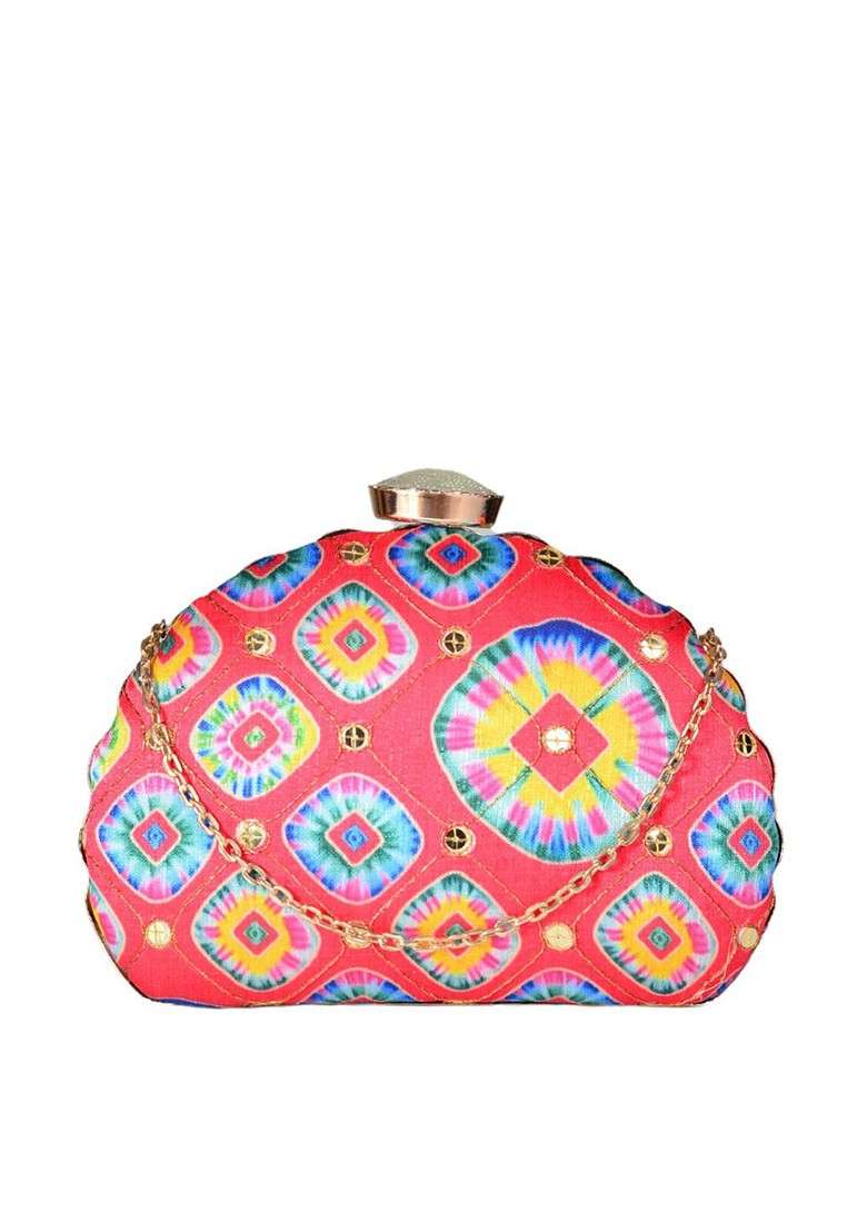 Red Fabric Red And Blue Printed Embroidered Half Moon Clutch - Indya
