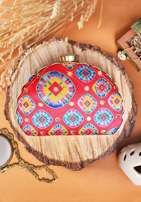 Red Fabric Red And Blue Printed Embroidered Half Moon Clutch