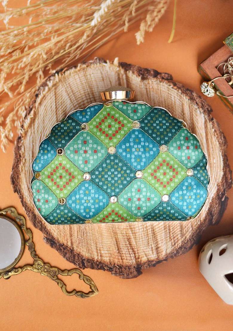 Green Fabric Green And Blue Printed Embroidered Half Moon Clutch - Indya