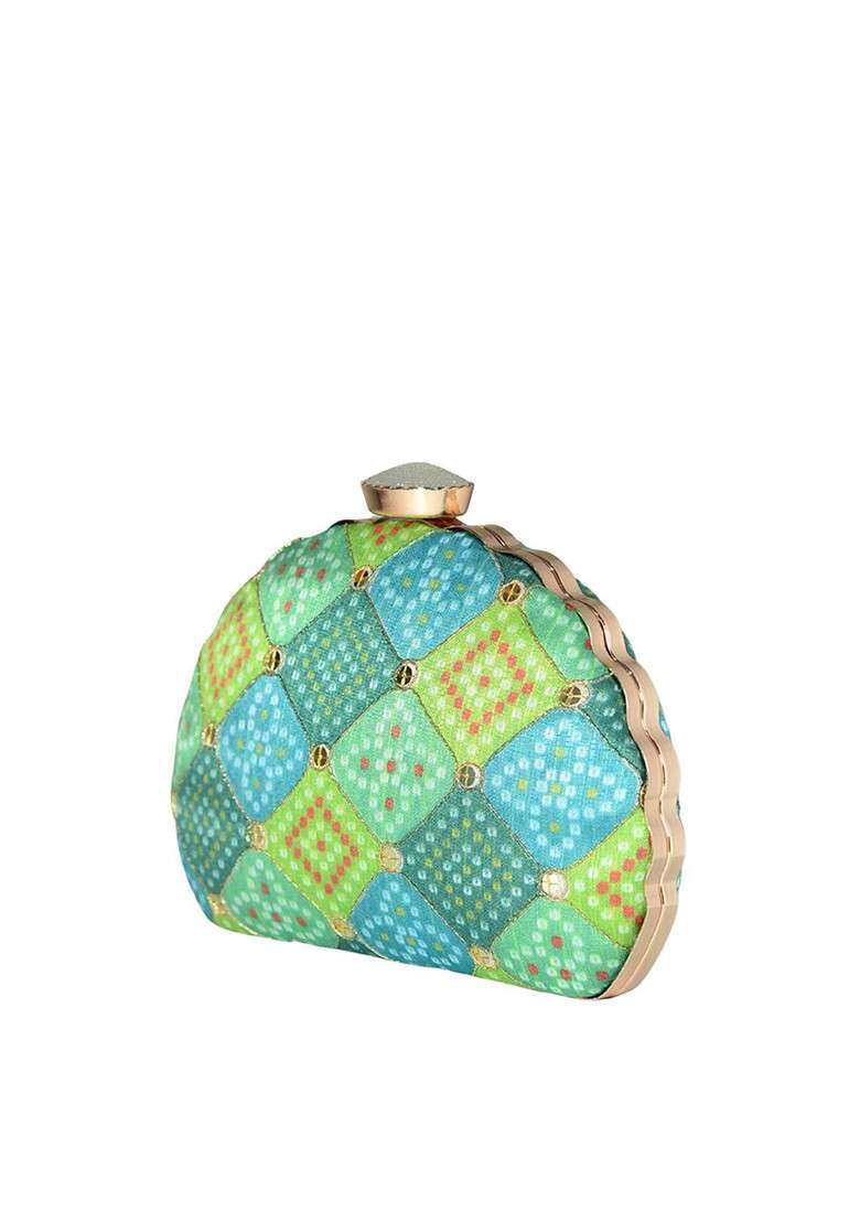 Green Fabric Green And Blue Printed Embroidered Half Moon Clutch - Indya