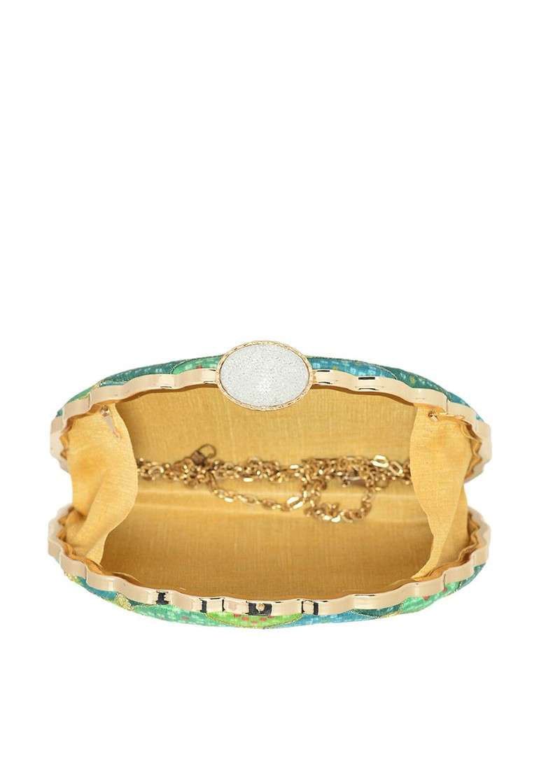 Green Fabric Green And Blue Printed Embroidered Half Moon Clutch - Indya