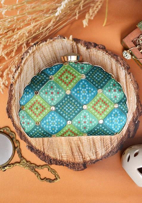Green Fabric Green And Blue Printed Embroidered Half Moon Clutch
