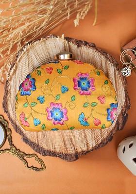 Yellow Fabric Yellow And Blue Printed Embroidered Half Moon Clutch