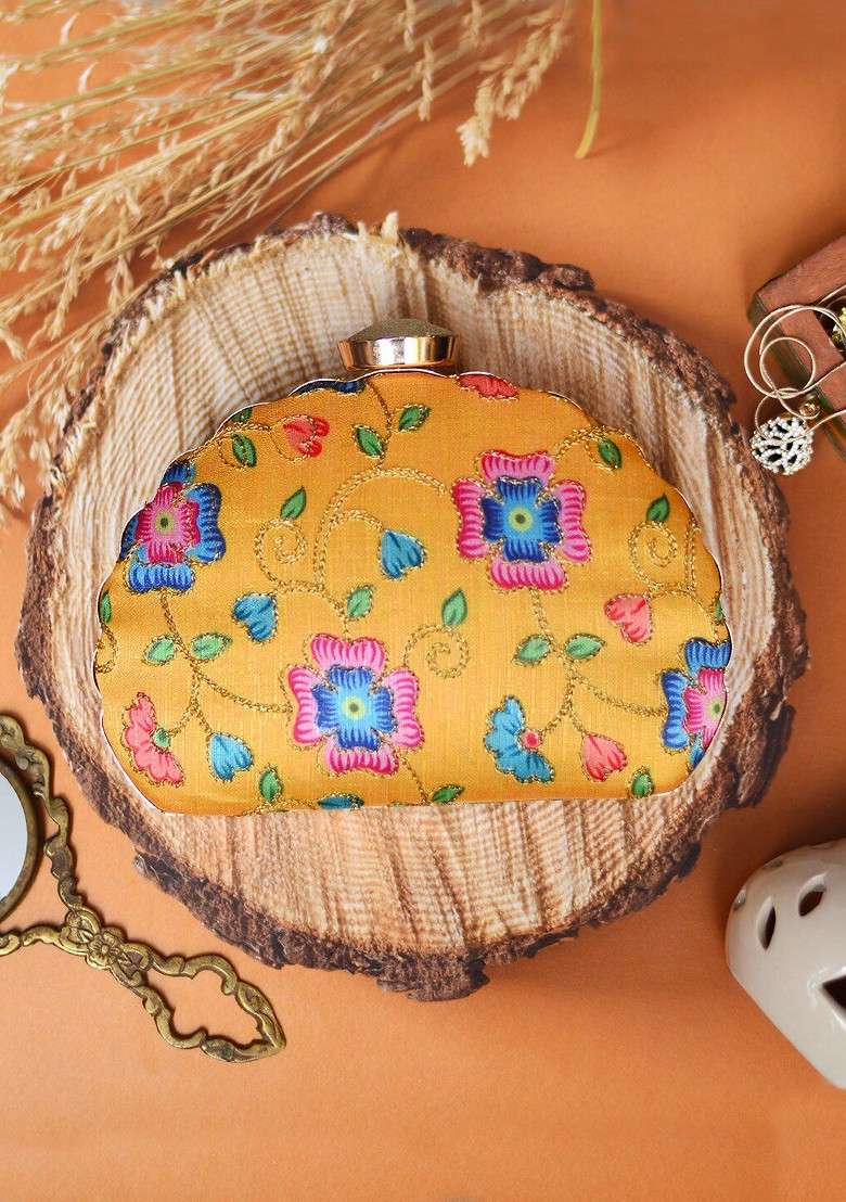 Yellow Fabric Yellow And Blue Printed Embroidered Half Moon Clutch - Indya