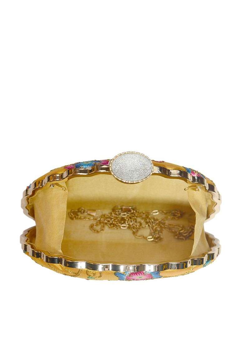 Yellow Fabric Yellow And Blue Printed Embroidered Half Moon Clutch - Indya