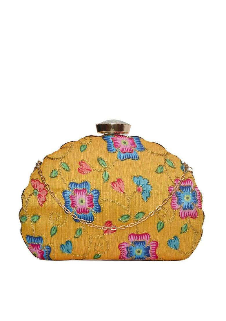 Yellow Fabric Yellow And Blue Printed Embroidered Half Moon Clutch - Indya