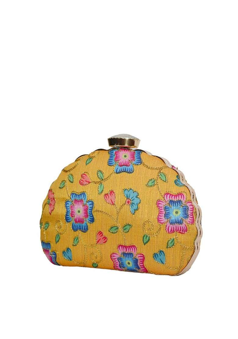 Yellow Fabric Yellow And Blue Printed Embroidered Half Moon Clutch - Indya