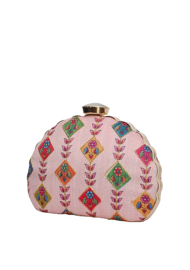 Pink Fabric Pink And Green Printed Embroidered Half Moon Clutch - Indya