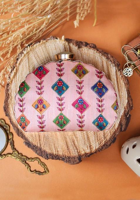 Pink Fabric Pink And Green Printed Embroidered Half Moon Clutch