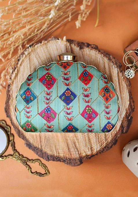 Green Fabric Green And Blue Printed Embroidered Half Moon Clutch