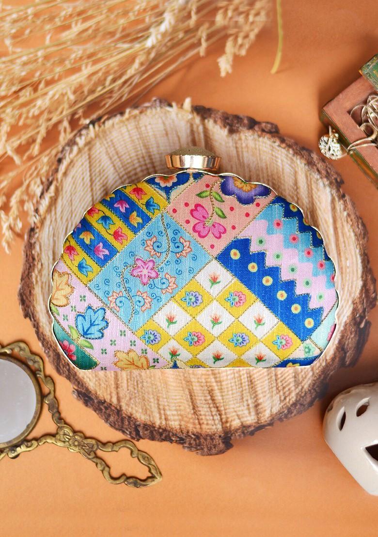 Blue Fabric Blue And Yellow Printed Embroidered Half Moon Clutch - Indya