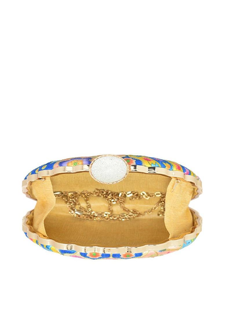 Blue Fabric Blue And Yellow Printed Embroidered Half Moon Clutch - Indya