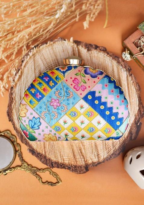 Blue Fabric Blue And Yellow Printed Embroidered Half Moon Clutch